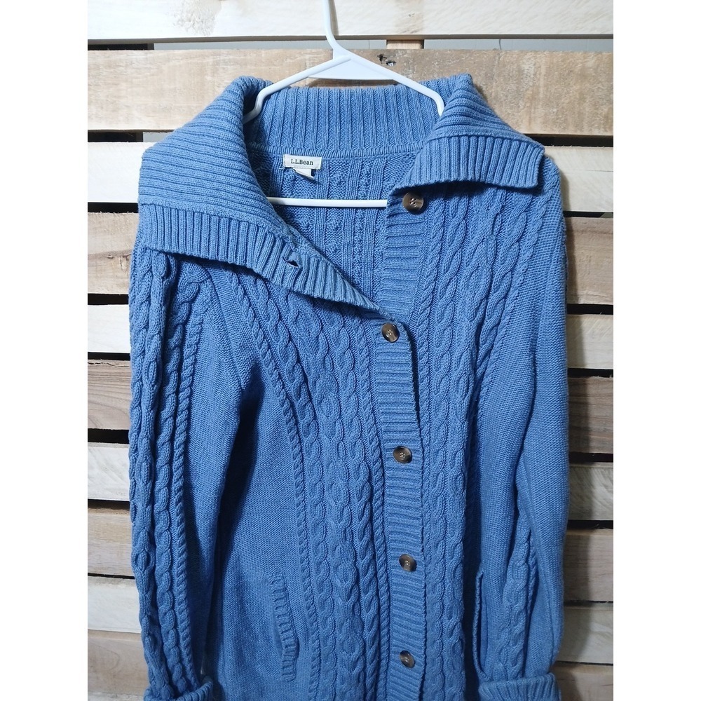 LL Bean Women's Blue Cotton Cable Knit Cardigan Sweater Size Medium Button Front - Picture 9 of 9